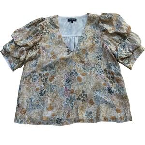 1.STATE Blouse Women S Cream Floral Gold Metallic Tiered Puff Sleeve V-Neck Top